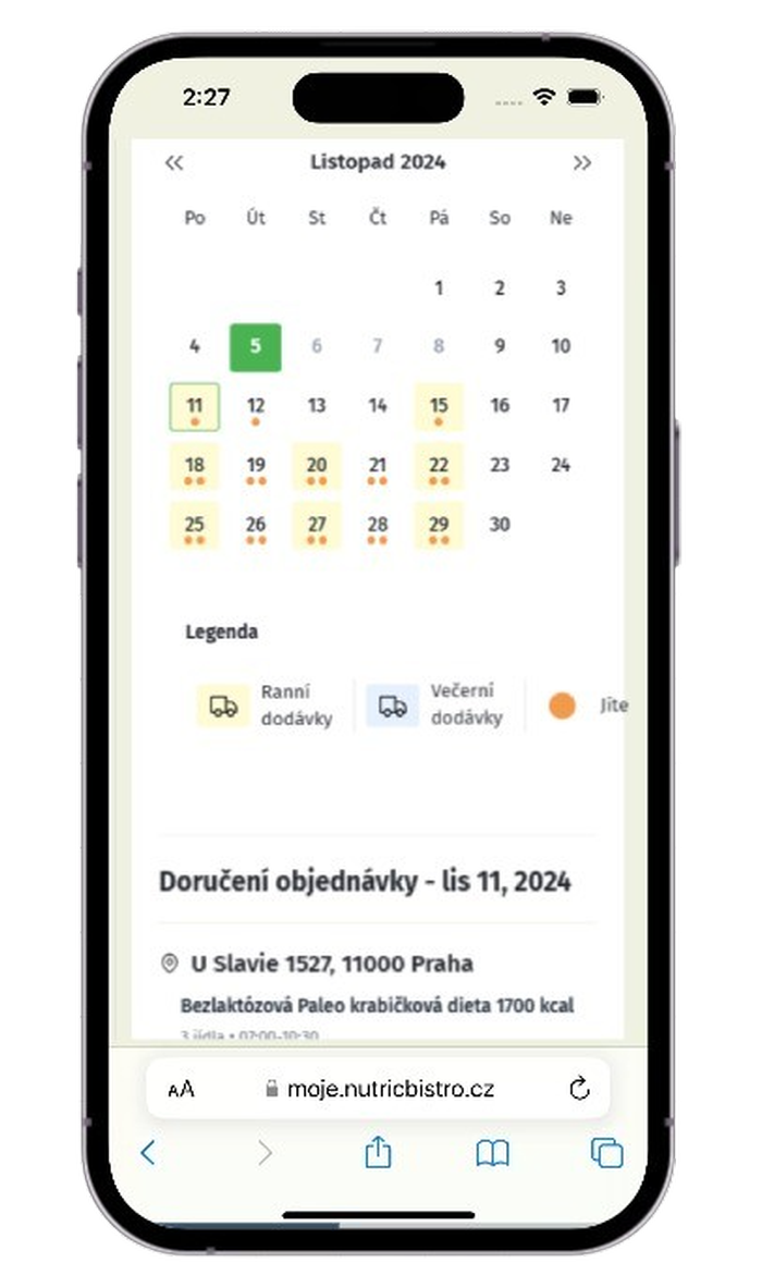 Samoobsluha Moje Nutric Bistro s kalendářem dodávek